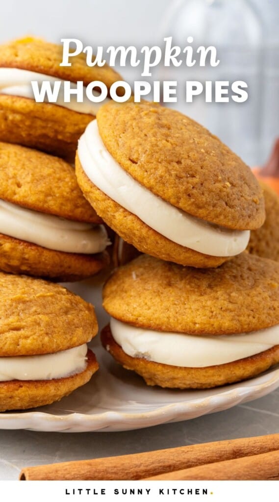 a plate of whoopie pies. Text overlay says "pumpkin whoopie pies"