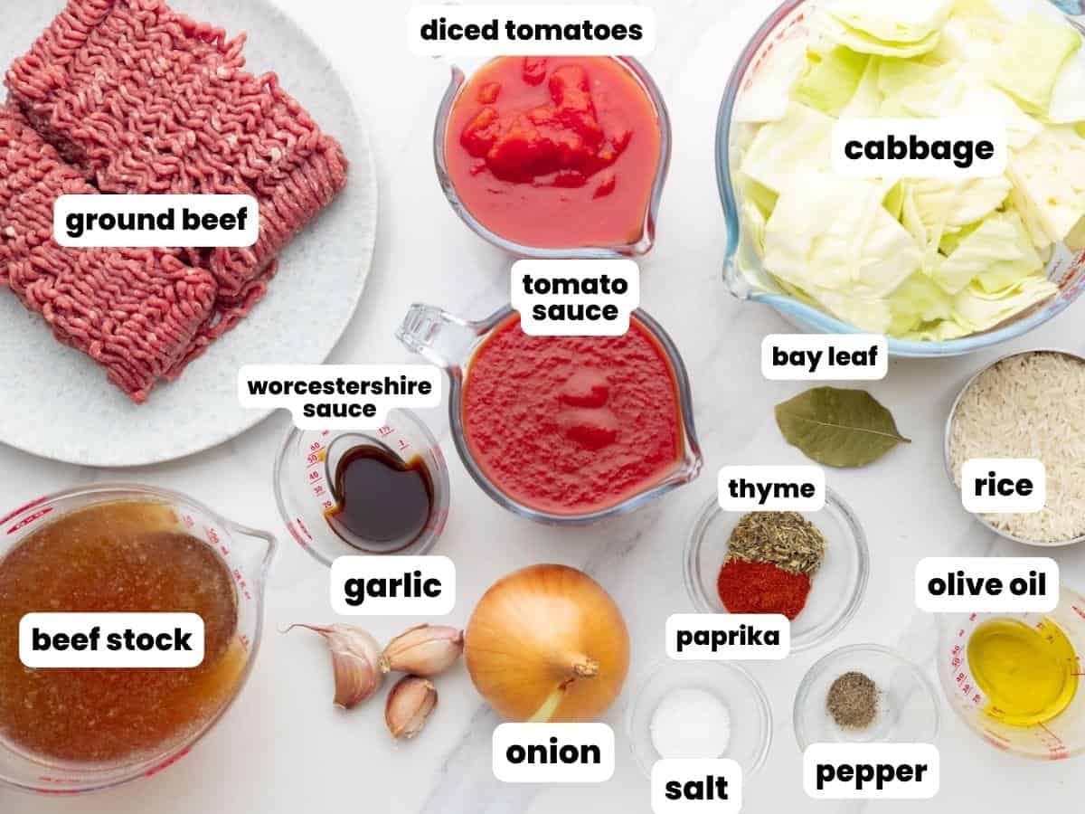The ingredients for stuffed cabbage soup, all measured into separate bowls and arranged on a counter. Each ingredient is labeled with a text box.