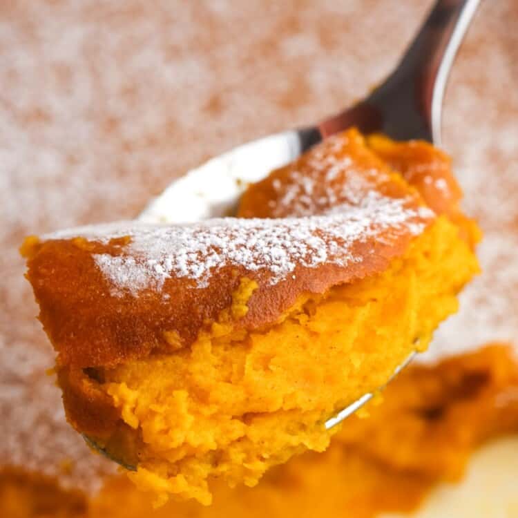 A spoonful of carrot souffle being served