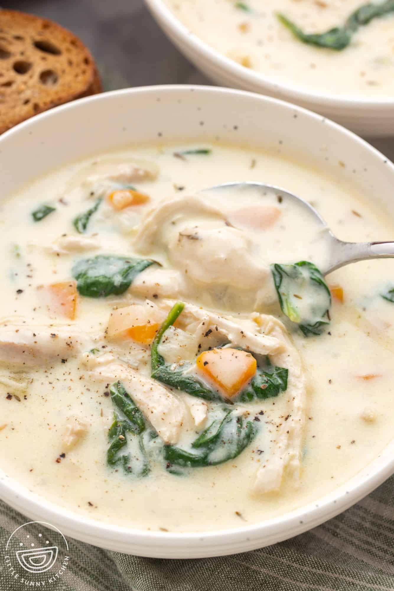 a bowl of creamy chicken florentine soup with spinach and carrots
