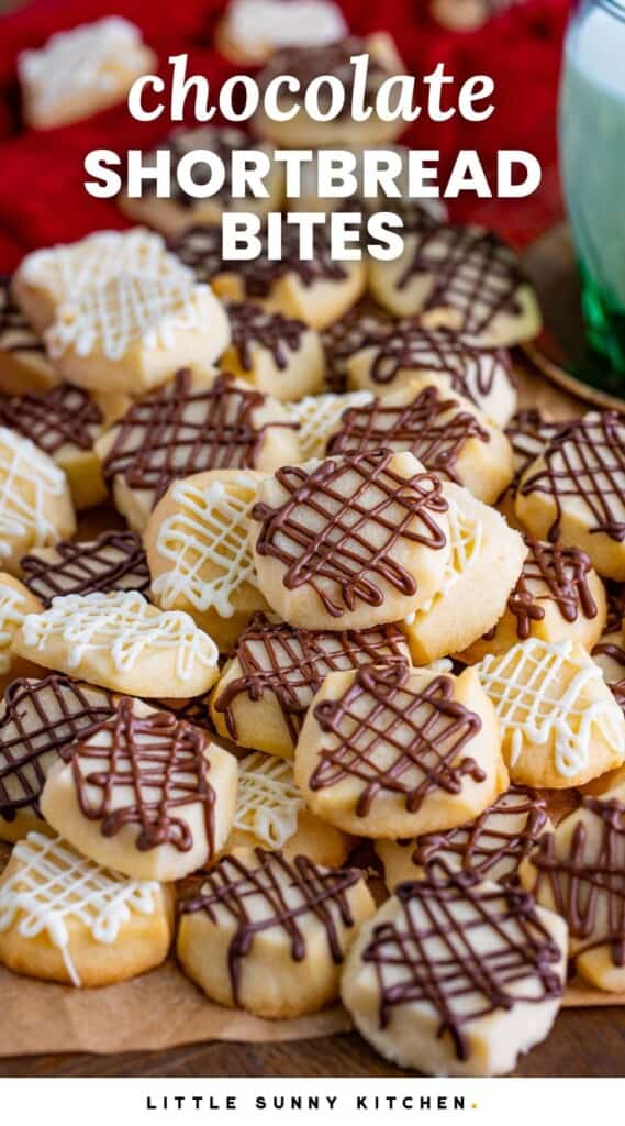 mini shortbread cookies drizzled with chocolate. Text overlay says "chocolate shortbread bites"