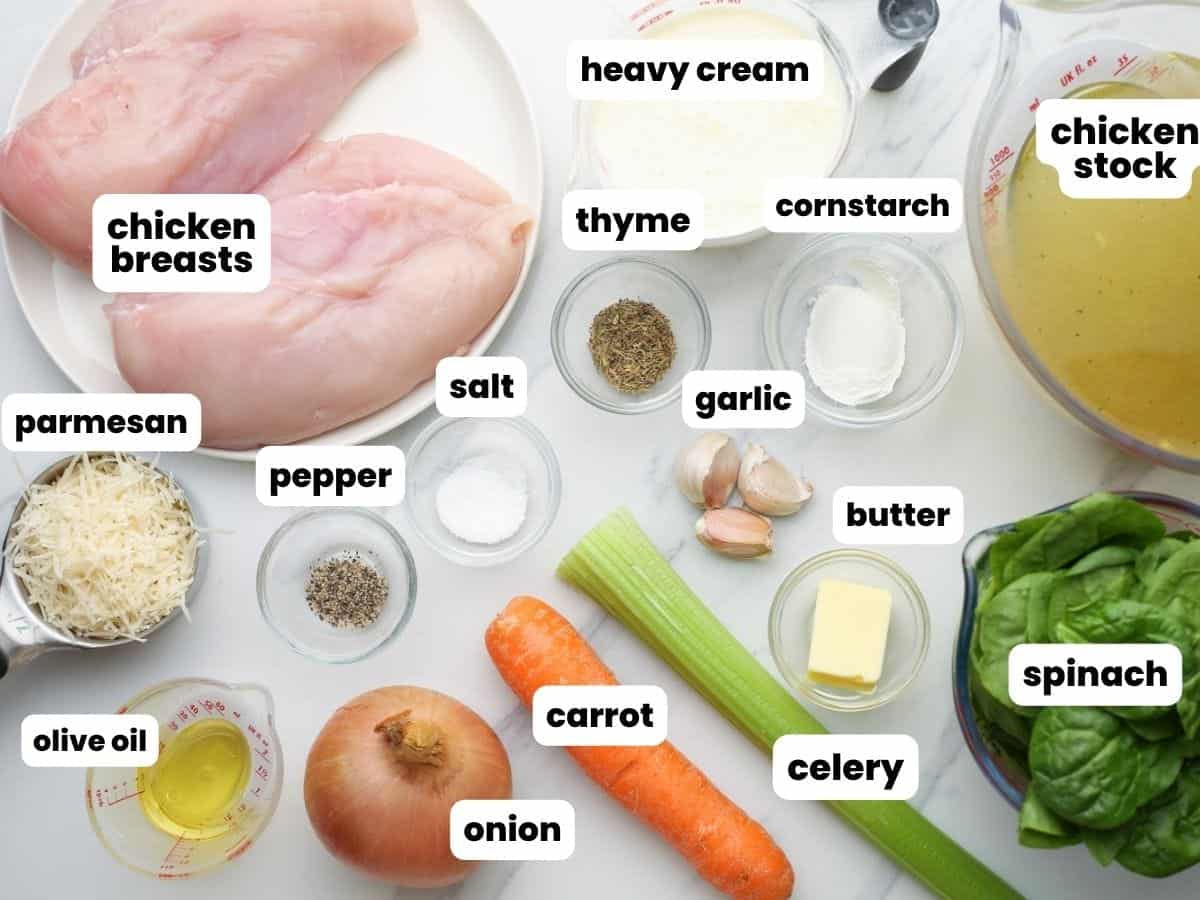 The ingredients needed to make homemade chicken florentine soup