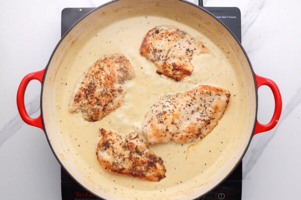 a skillet of creamy cream cheese chicken