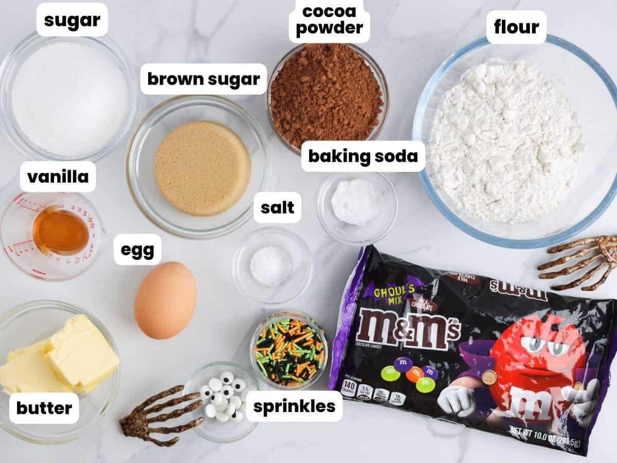 The ingredients needed to make the easiest halloween cookies with m&ms