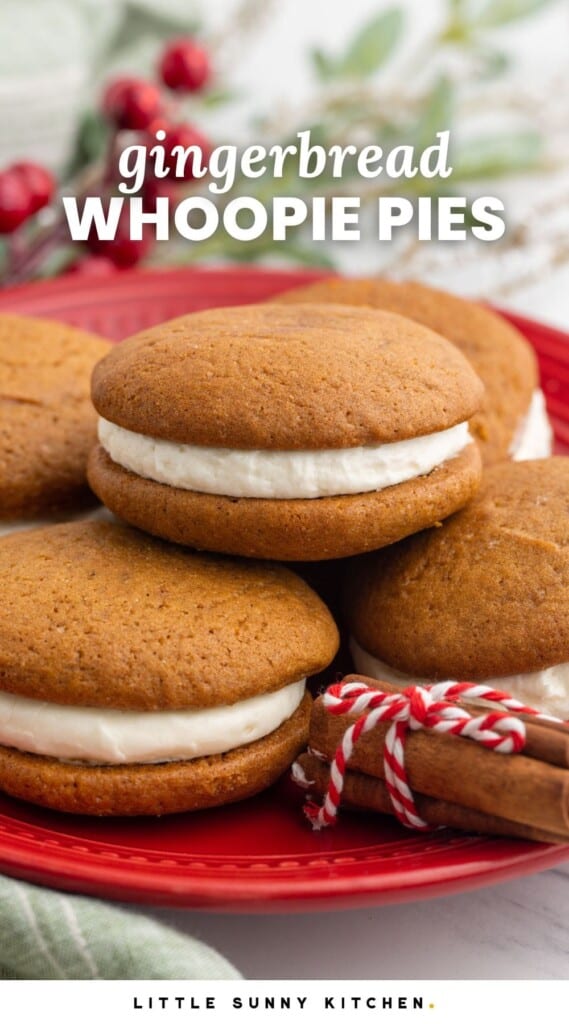 a red plate of whoopie pies. Text overlay says "gingerbread whoopie pies"