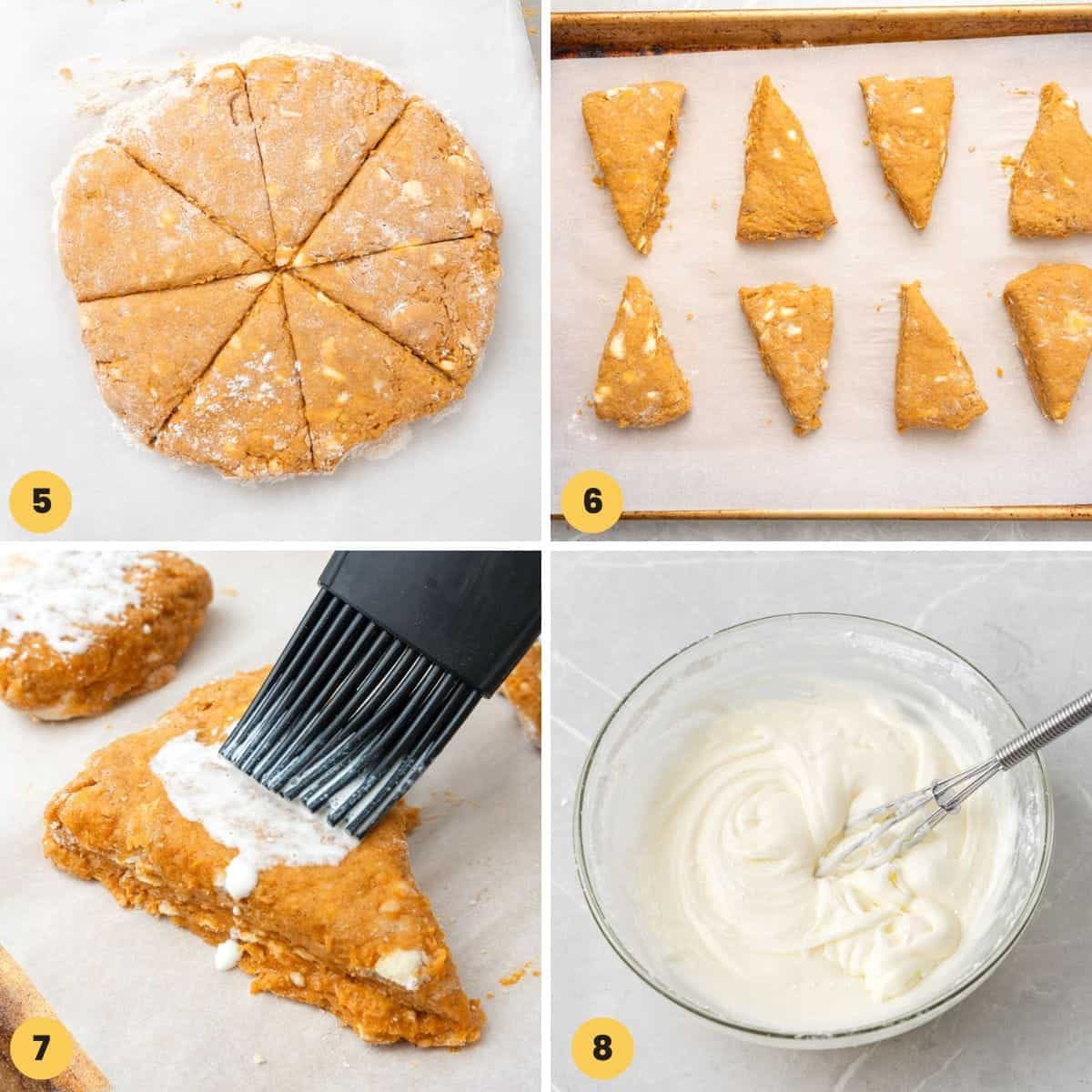 a collage of four images showing how to make, cut, and bake pumpkin scones.