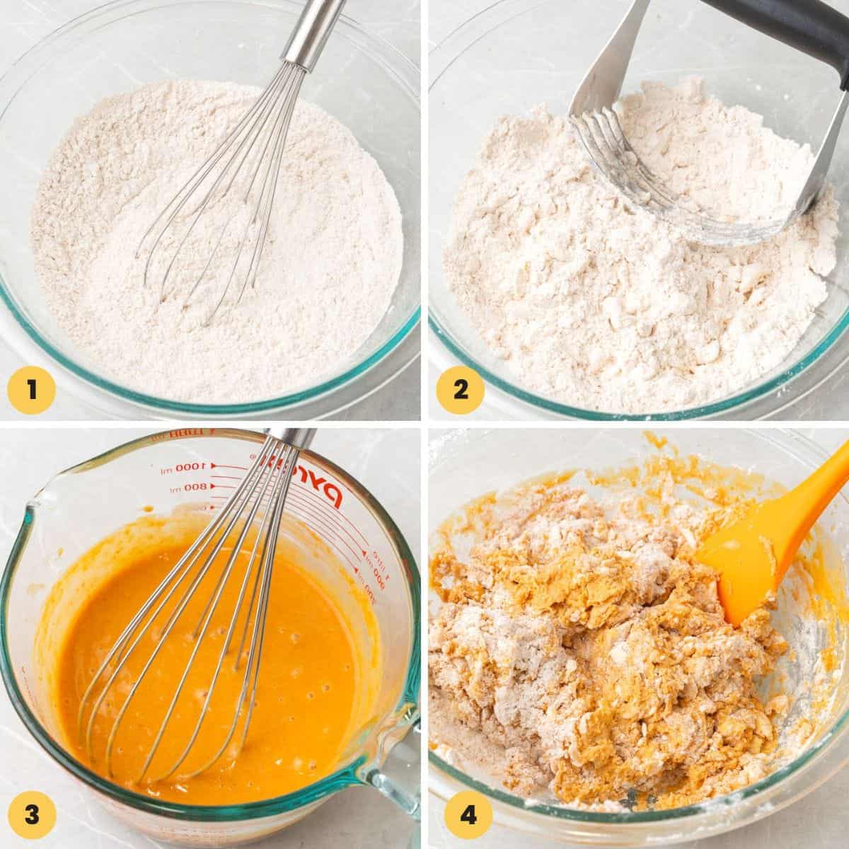 a collage of four images showing how to make pumpkin scones.