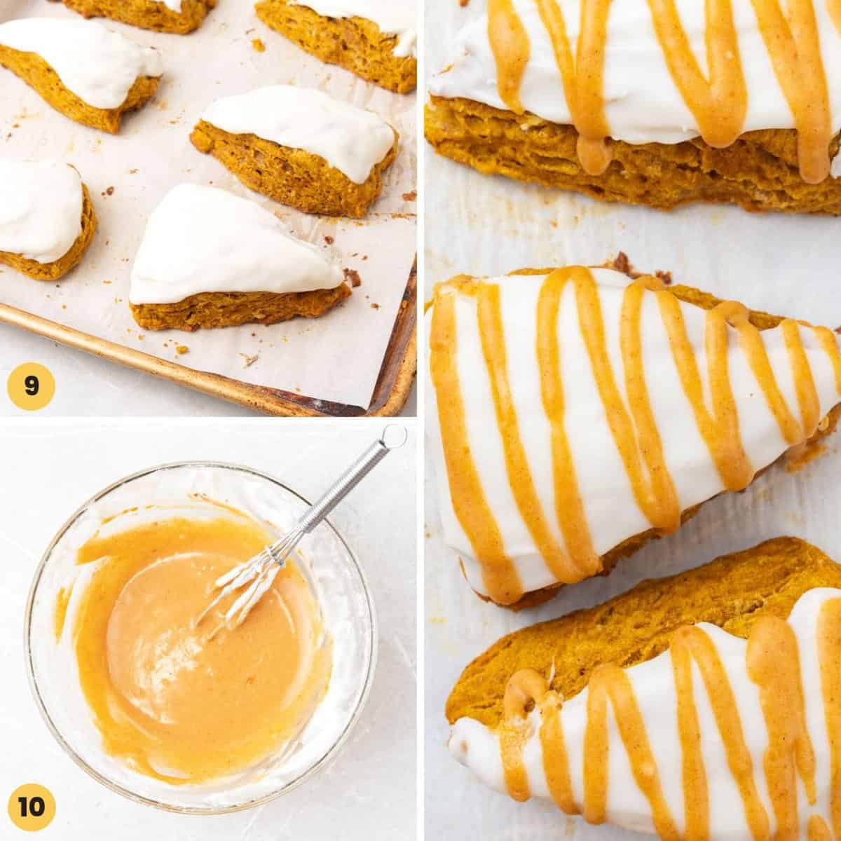 a collage of three images showing how to frost pumpkin scones.