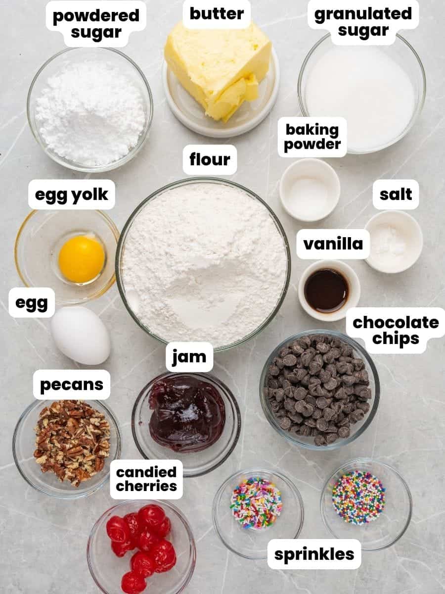 The ingredients needed to bake and decorate italian butter cookies