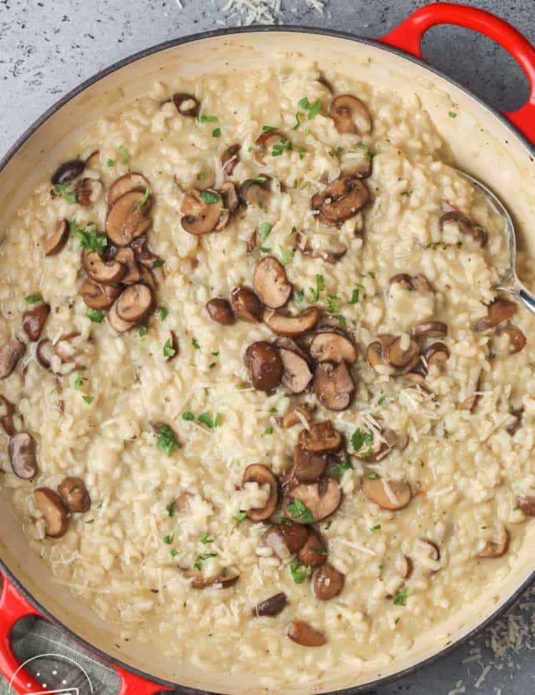 Overhead shot of mushroom risotto in a pan