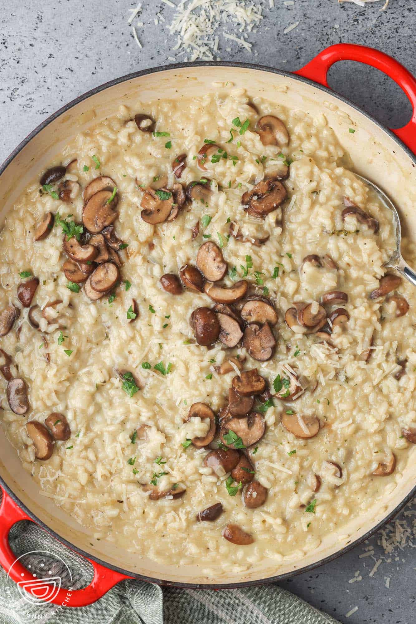 Overhead shot of mushroom risotto in a pan