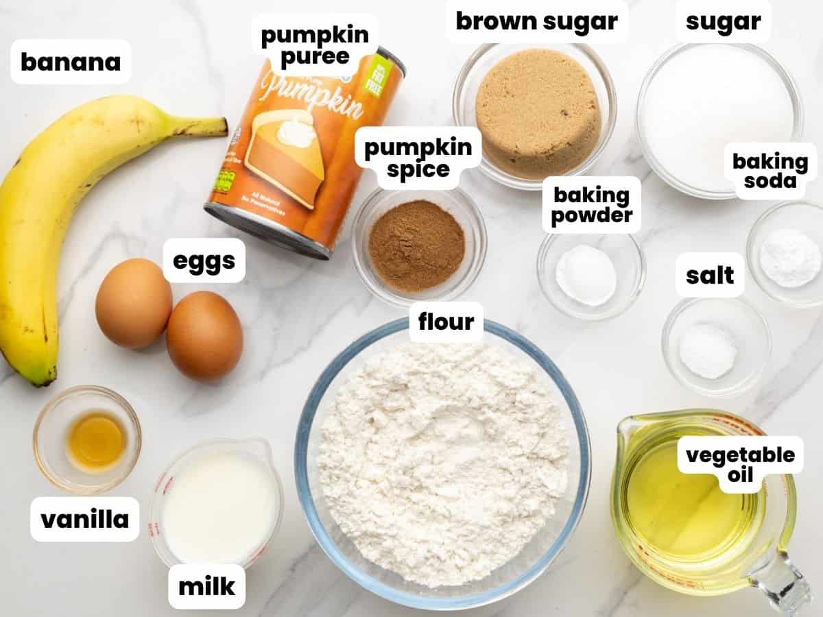 The ingredients for banana pumpkin muffins