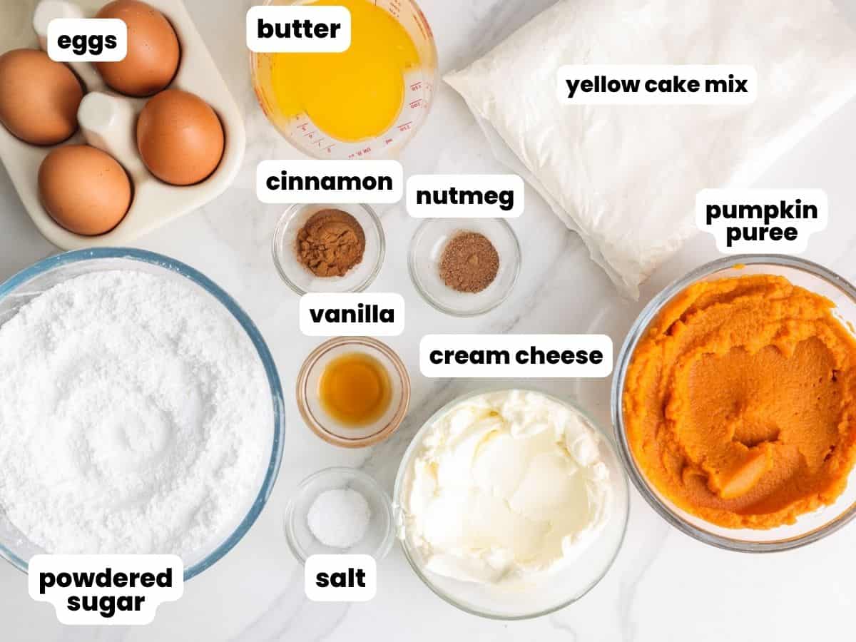 The ingredients in pumpkin gooey butter cake made with yellow cake mix.