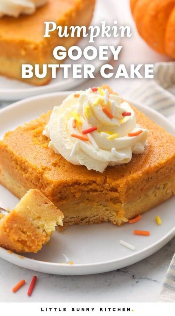 a square slice of pumpkin cake on a plate topped with whipped cream and sprinkles. Text overlay says "pumpkin gooey butter cake"