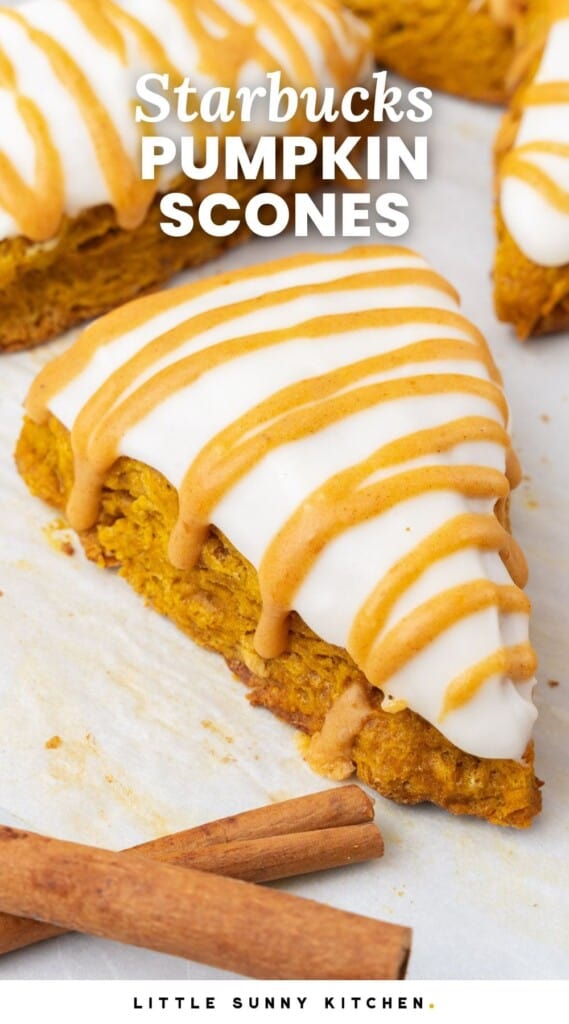 a triangular pumpkin scone with frosting and pumpkin spice drizzle. Text overlay says "Starbucks pumpkin scones"