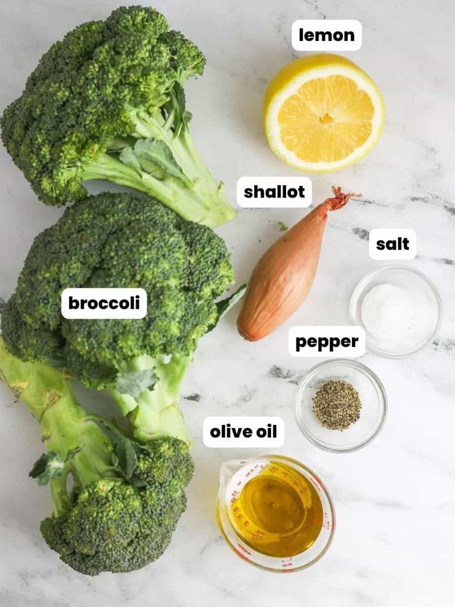 Ingredients needed to make roasted broccoli with a simple vinaigrette 