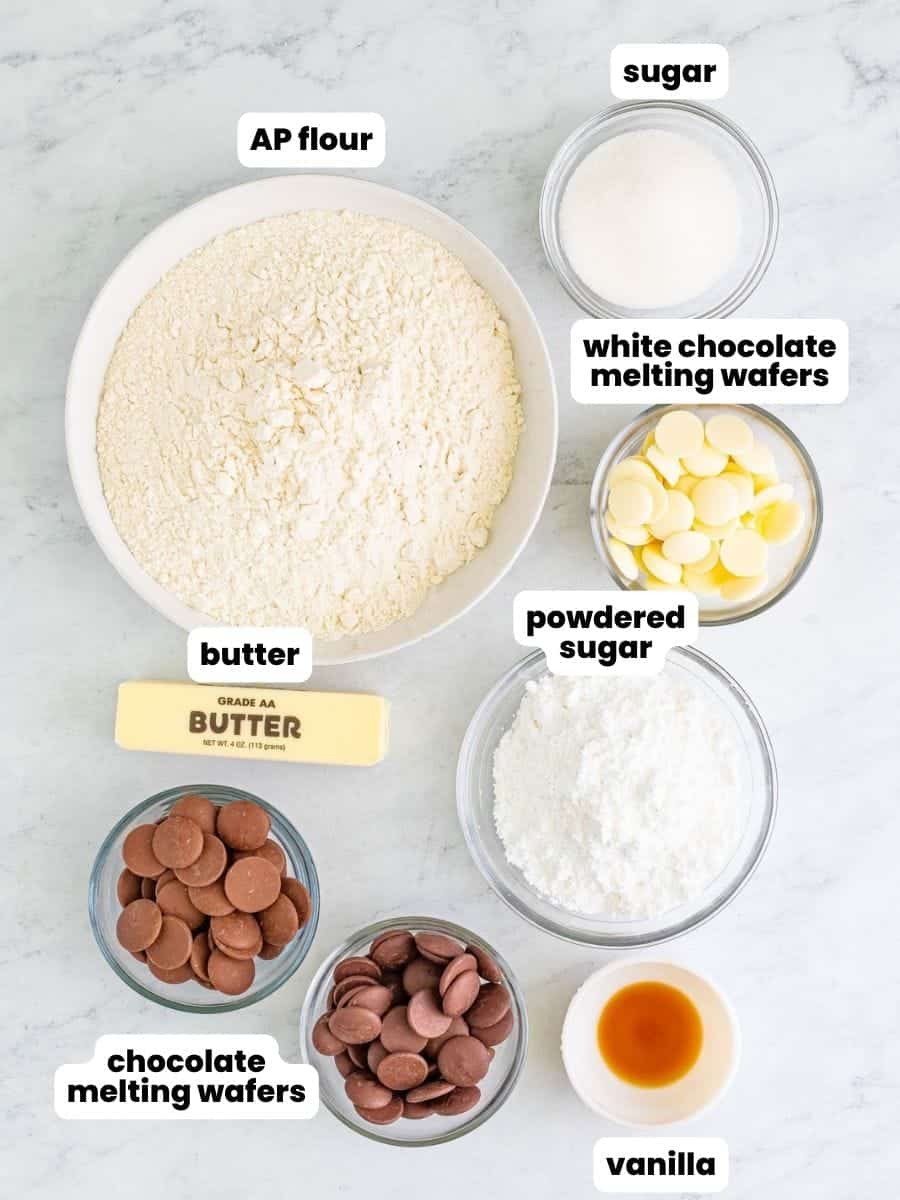 The ingredients needed to make mini shortbread bites with chocolate.