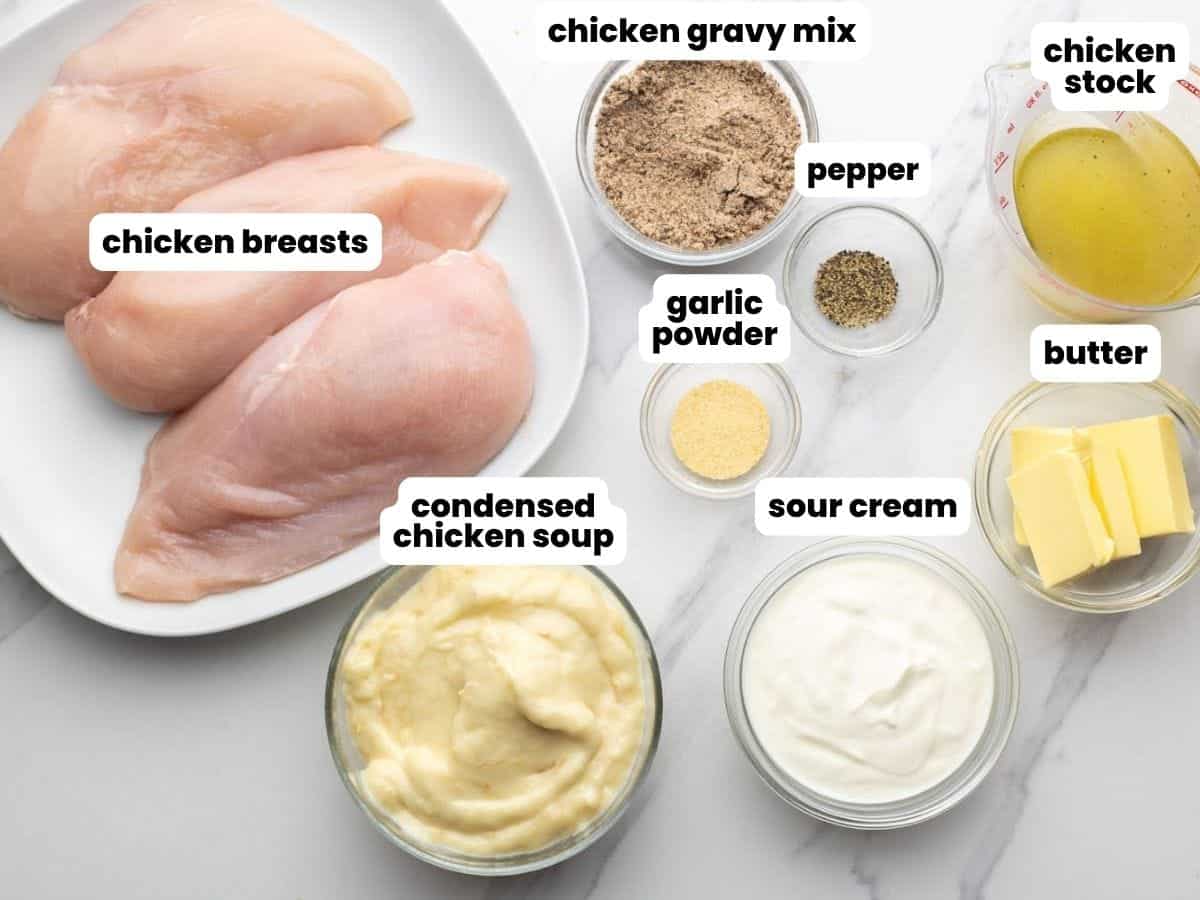 the ingredients needed to make chicken with gravy mix in a crockpot.