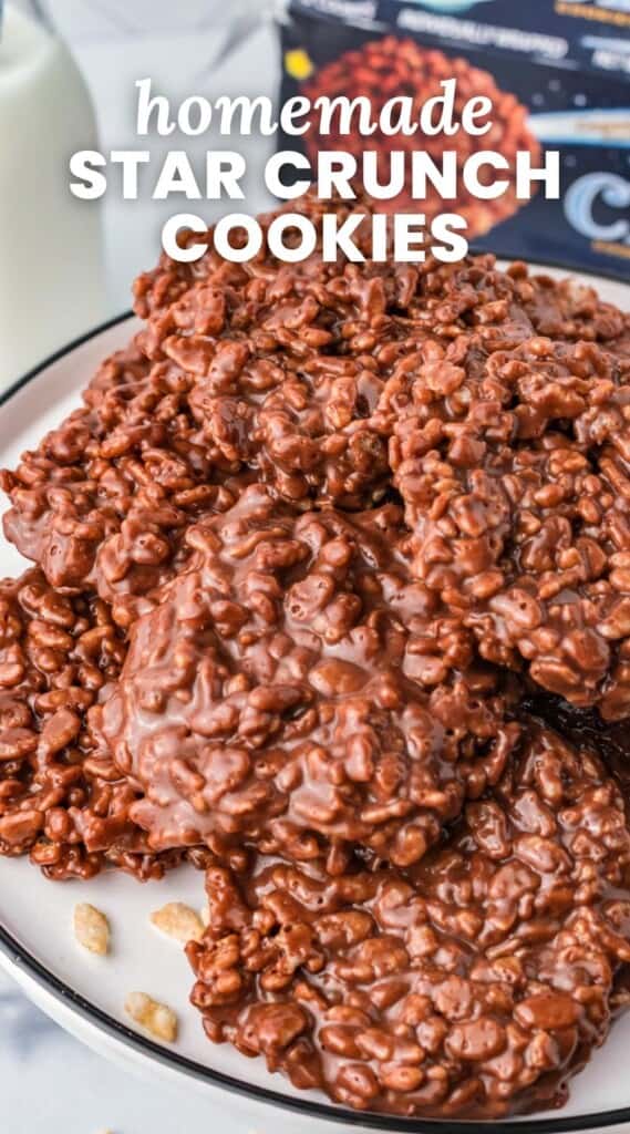 a plate of chocolate starcrunch cookies. Text overlay says "homemade Star Crunch Cookies"