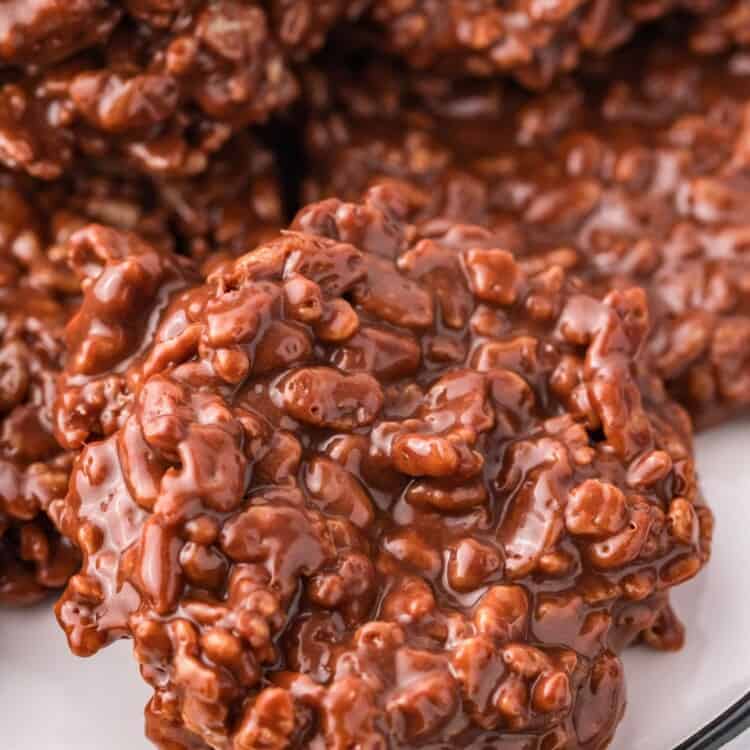 closeup of a homemade star crunch cookie coated with rice krispies and chocolate.