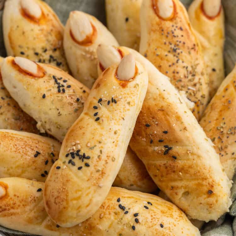 Witches finger breadsticks in a bread basket