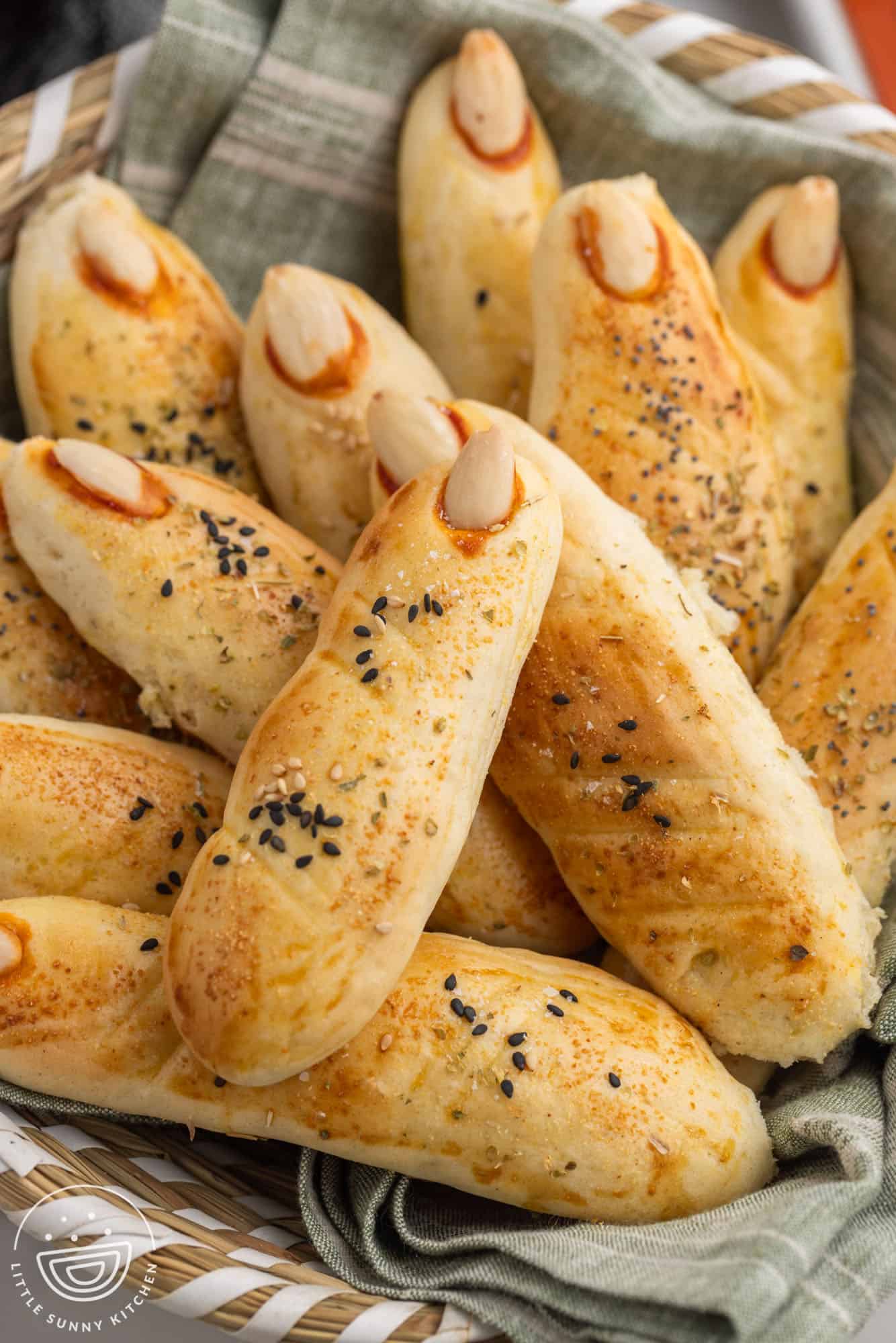 Witches finger breadsticks in a bread basket