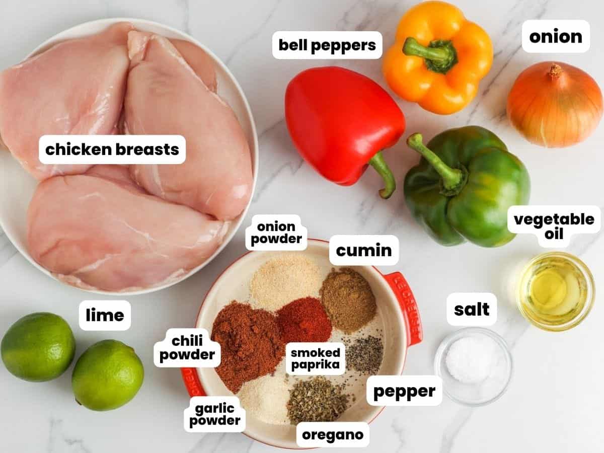 The ingredients needed to make sheet pan chicken fajitas