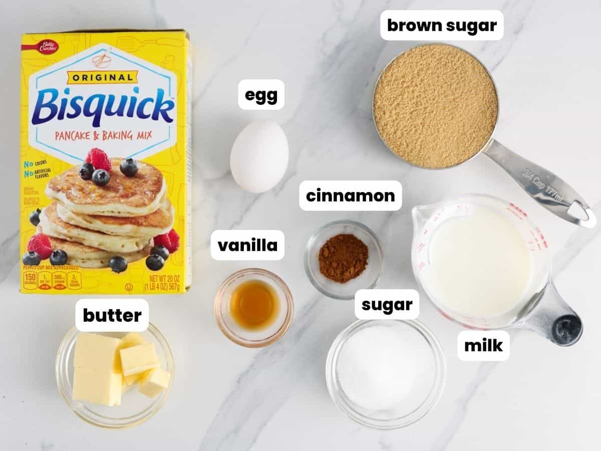 The ingredients needed to make coffee cake with bisquick pancake mix.