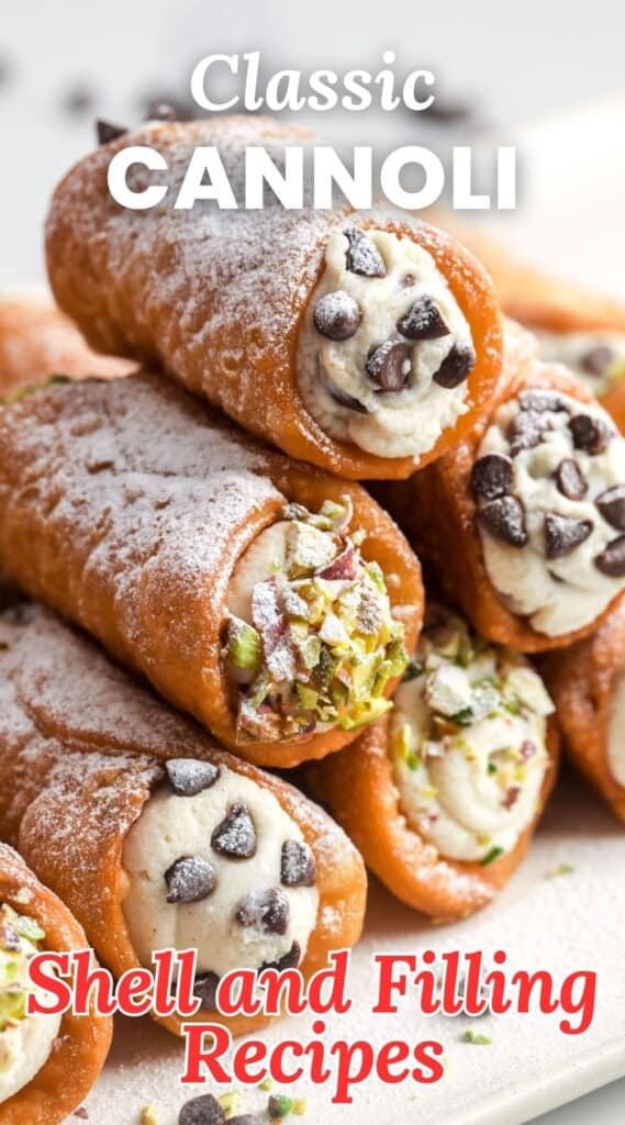 a stack of homemade cannoli filled with ricotta and chocolate chips and nuts. Text overlay says "classic cannoli"