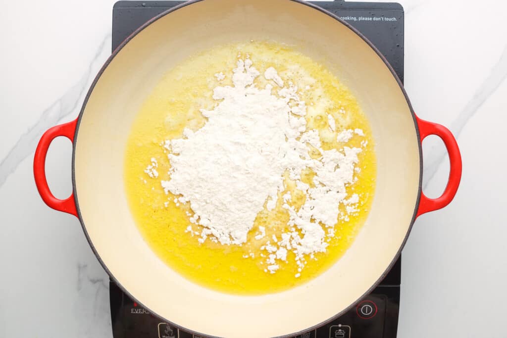 butter and flour in a skillet on a burner.