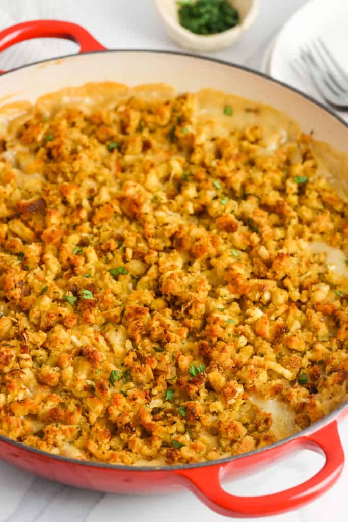 baked chicken and stuffing casserole in a round dish.