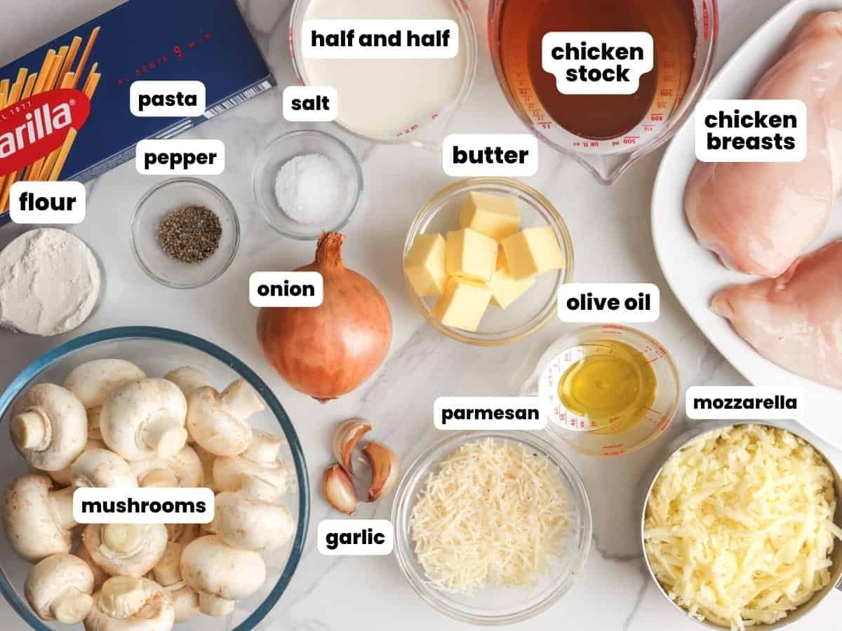 The ingredients needed to make creamy chicken tetrazzini from scratch