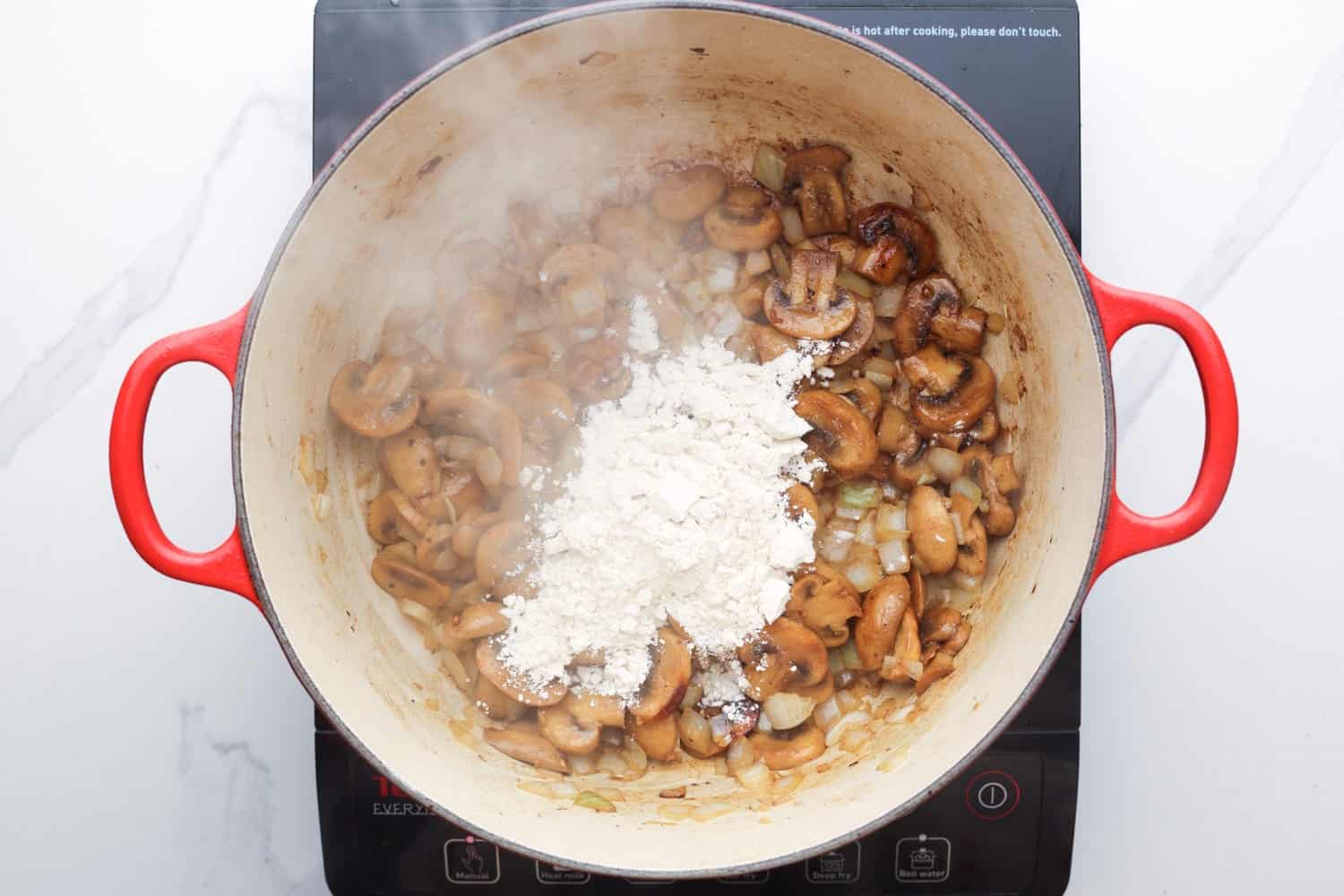 four added to browned mushrooms and onions to make a roux