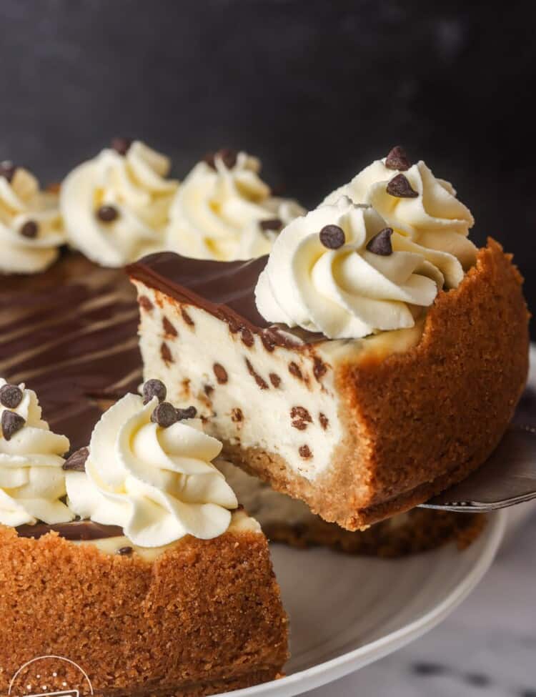 a spatula lifting a wedge of chocolate chip cheesecake from the whole pie.