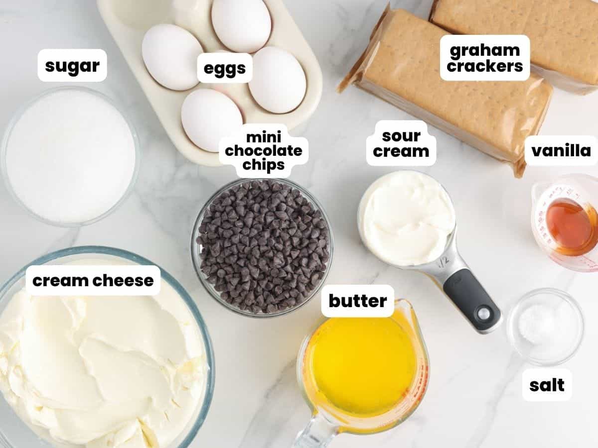 The ingredients needed to make a homemade chocolate chip cheesecake with a graham cracker crust.