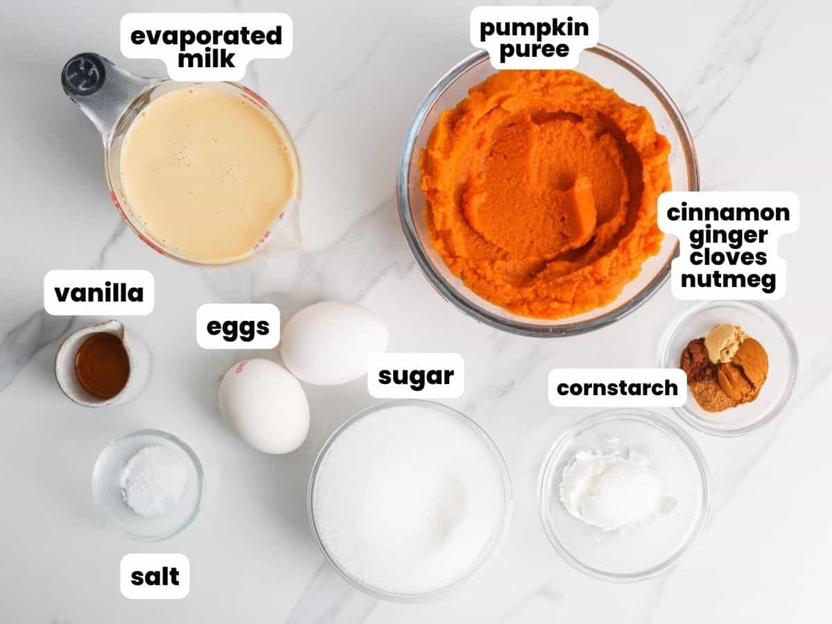 The ingredients needed to make a pumpkin pie without crust