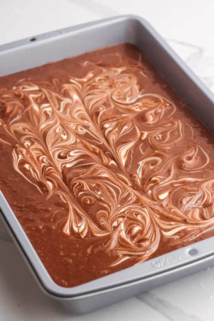 swirled chocolate cake before baking.