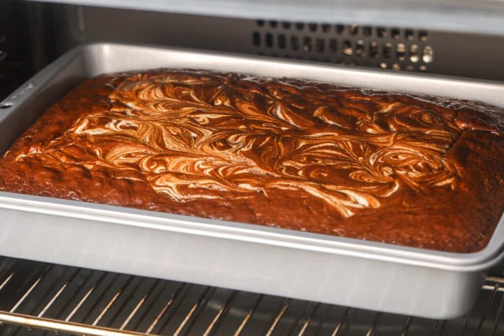 earthquake cake baking in an oven.