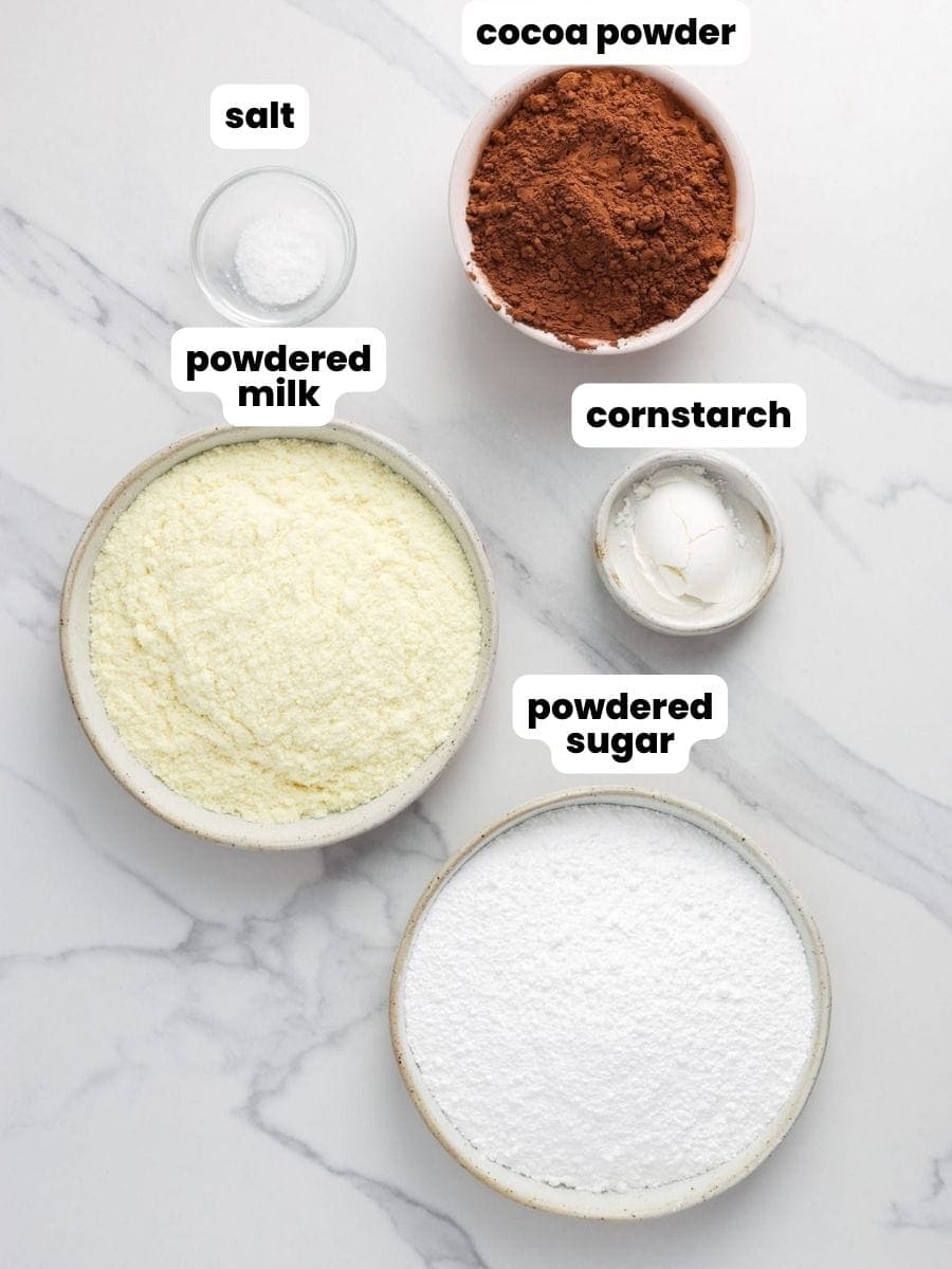 The ingredients in homemade hot cocoa mix