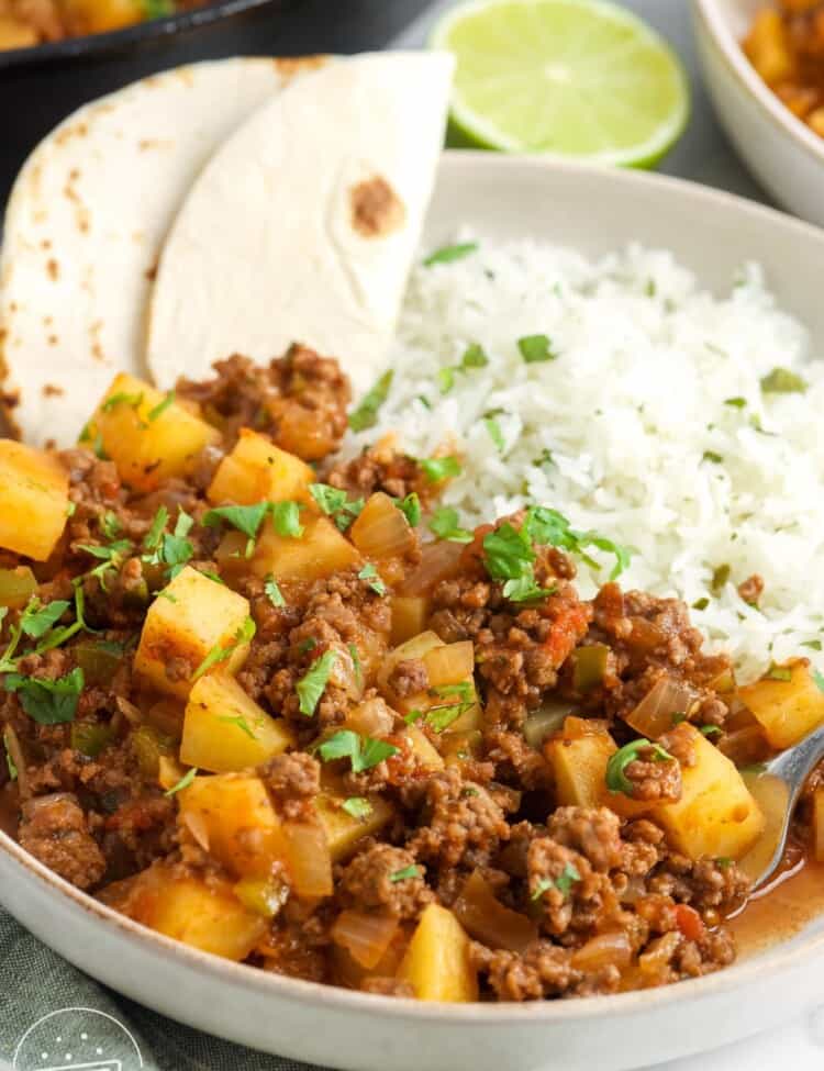 a plate of cilantro rice, tortillas, and mexican picadillo with potatoes.