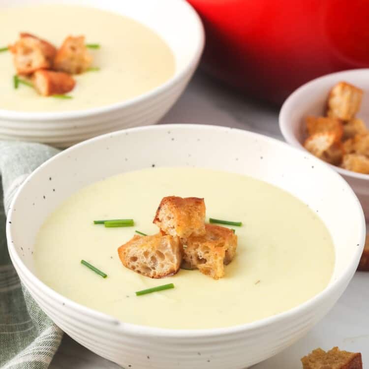 bowls of homemade potato leek soup