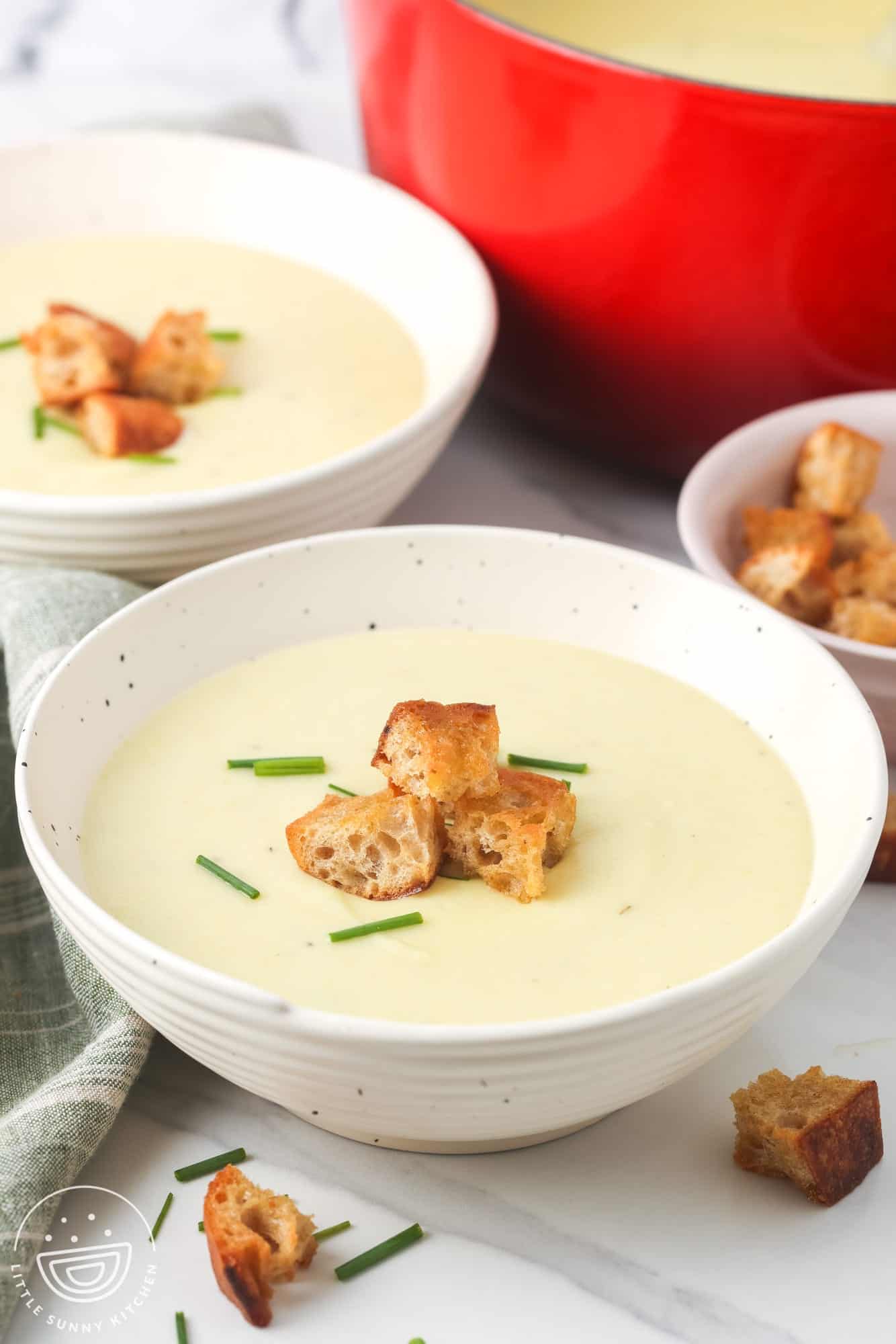 bowls of homemade potato leek soup