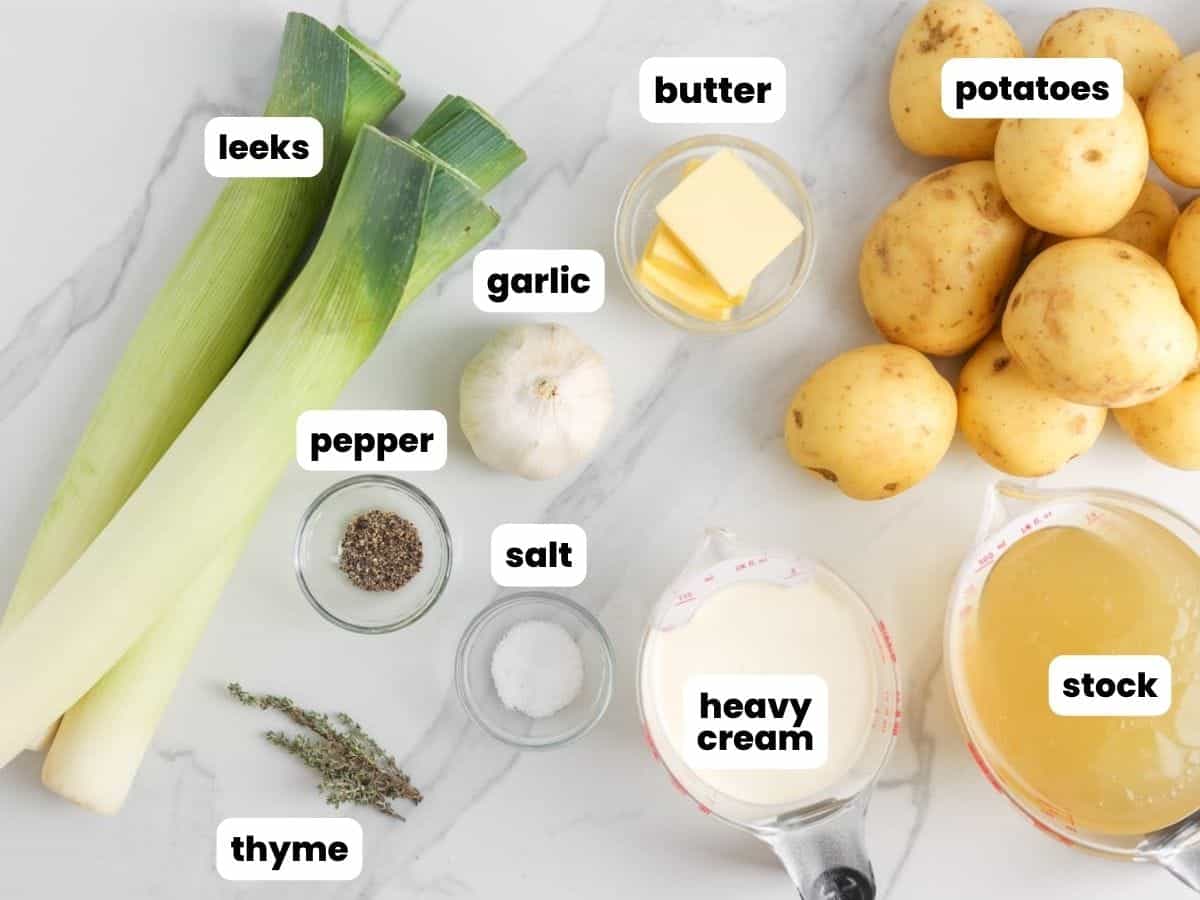 The ingredients needed to make a simple potato leek soup from scratch