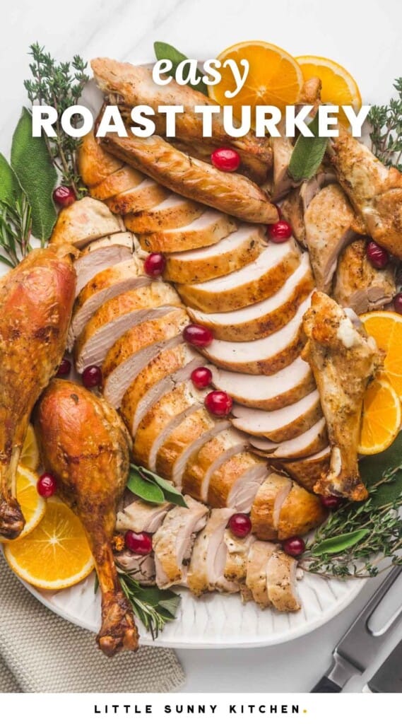 Carved and sliced turkey served on a large platter. And overlay text that says "Easy Roast Turkey"