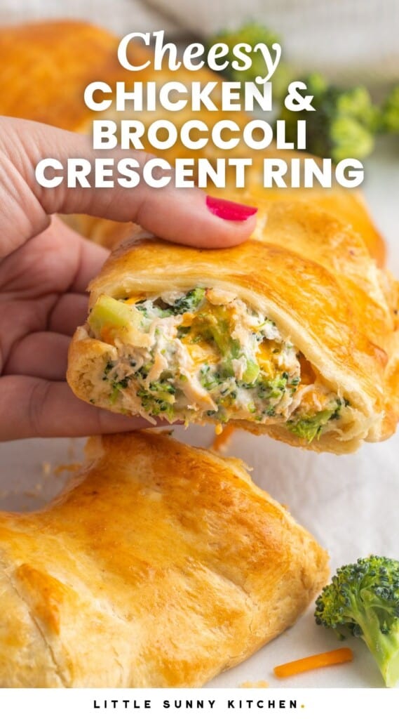 Taking a cheesy chicken and broccoli crescent slice off a larger ring. And overlay text that says "cheesy chicken and broccoli crescent ring"