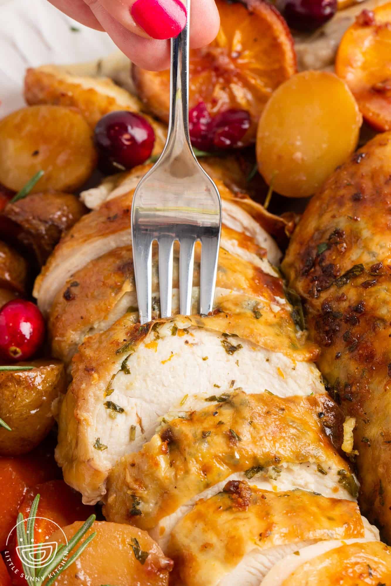 sliced christmas chicken with oranges, potatoes, and cranberries. A fork is about to pick up a piece.
