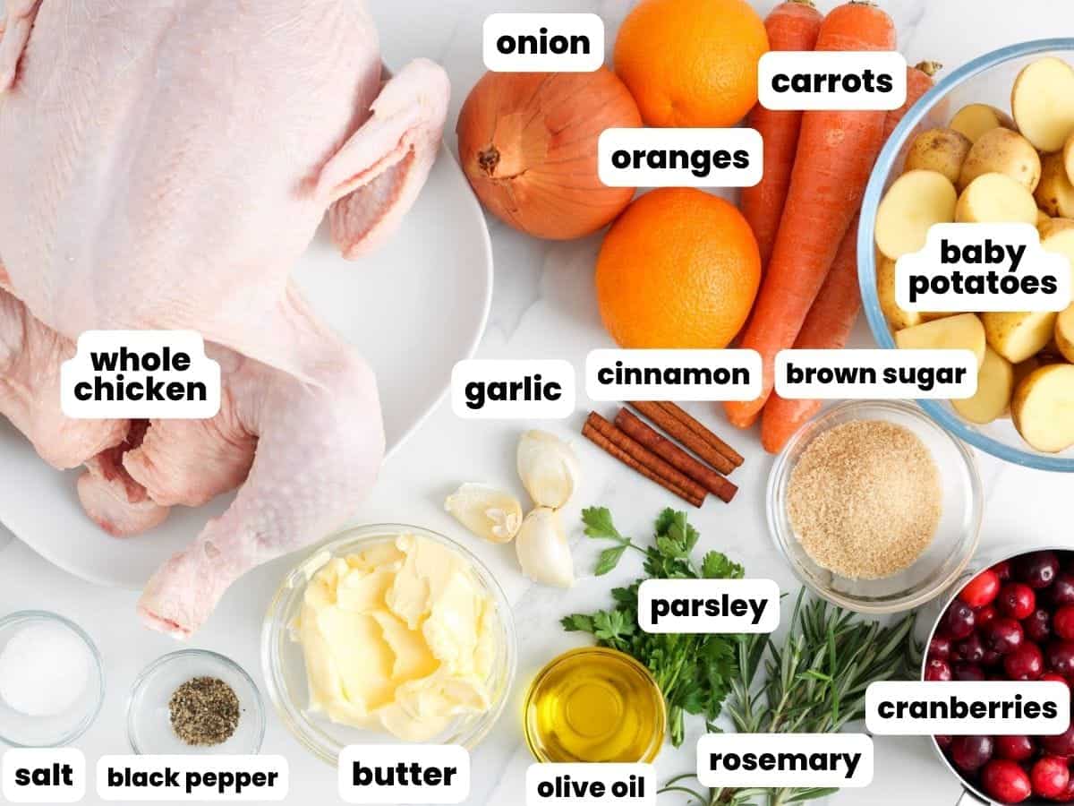 A raw whole chicken next to an onion, two oranges, three carrots, a bowl of baby potatoes, a bowl of cranberries, and seasonings needed to make a recipe for Christmas Chicken