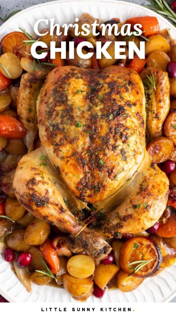 A whole roasted chicken over a bed of braised potatoes, cranberries, carrots, Text overlay says "christmas chicken"