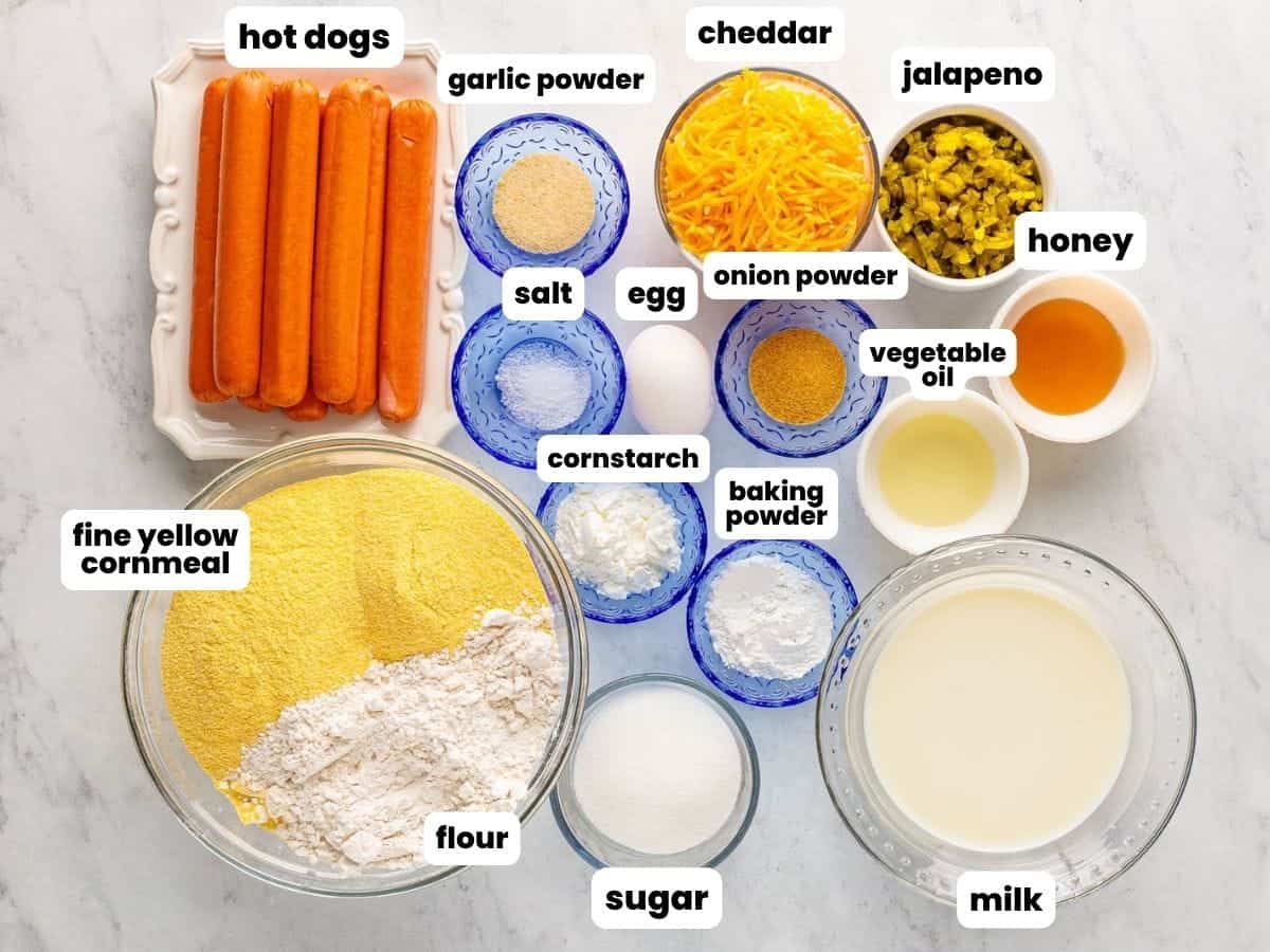 the ingredients needed to make homemade corn dogs. 