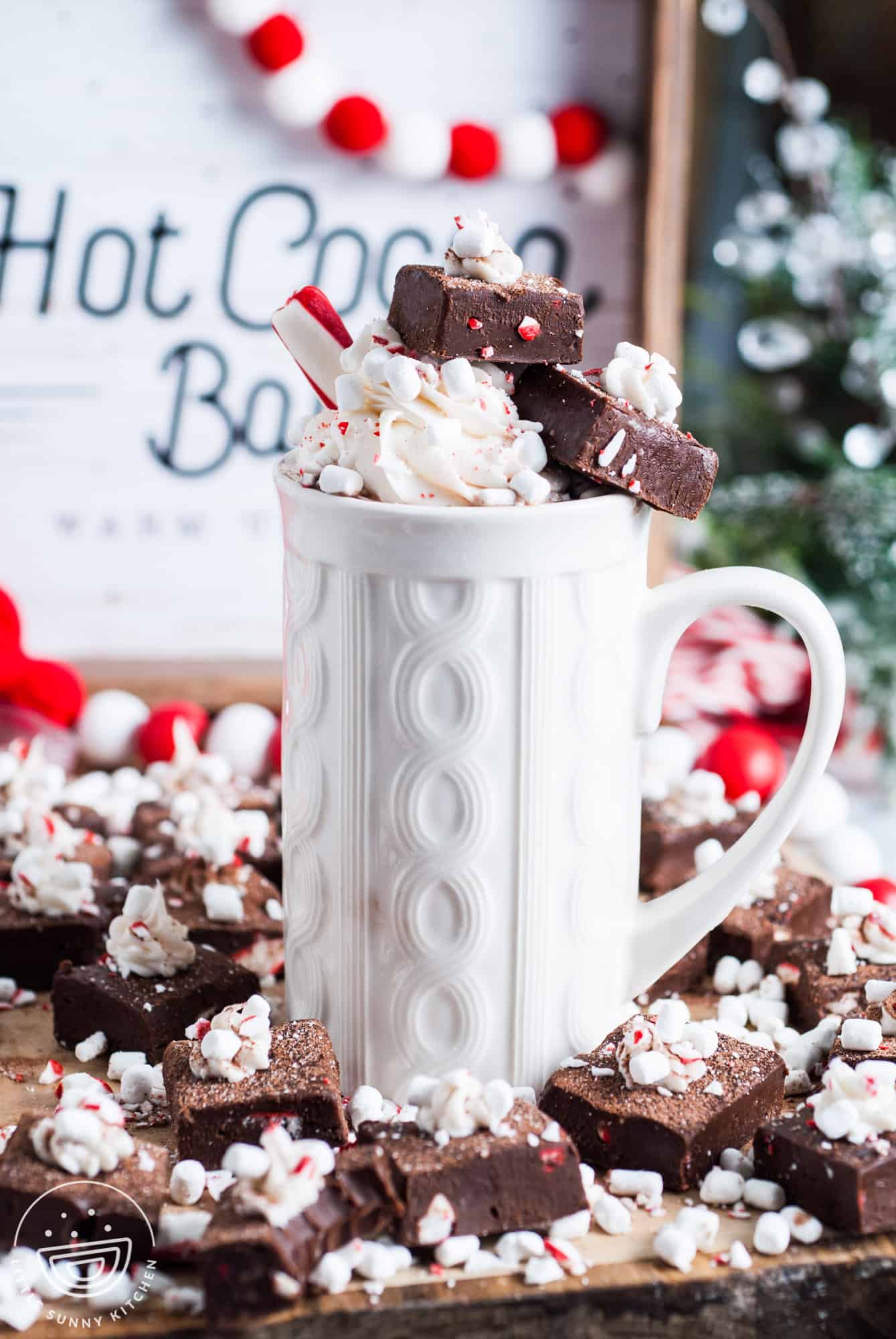 a white ceramic mug topped with whipped cream and two pieces of peppermint hot chocolate fudge. a sign in the background says "hot cocoa bar"